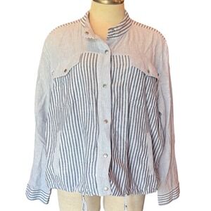 Chico's Women's Striped Linen Blend Jacket Size 3 (XL) Snap‎ Front Pockets